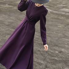 Autumn Women's Waist Cinching Slimming Luxury Dress Long Sleeved Purple Dress