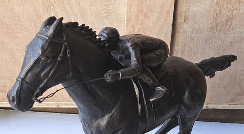 Antique Austin Sanfilippo Bronze Sculpture Race Horse Jockey Statue Wooden Base - Picture 6 of 14