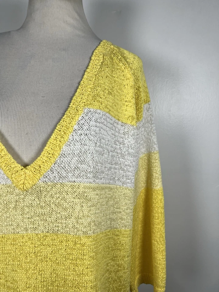 Suéter Coldwater Creek XL amarelo listra branca gola V manga 3/4 túnica feminina W2 - Imagem 3 de 4