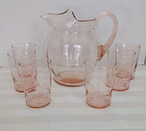 Depression glass, MacBeth-Evans, Pink, 80oz, Pitcher And 6 Tumblers c 1930's,
