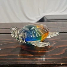 Vinci Art Glass Dynasty Gallery Hand Blown Multi Colored Turtle 7" Sea Turtle