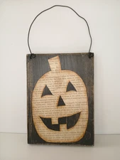 Halloween Pumpkin Rustic and Made By Seller Wood Mixed Media Hanging Wall Plaque