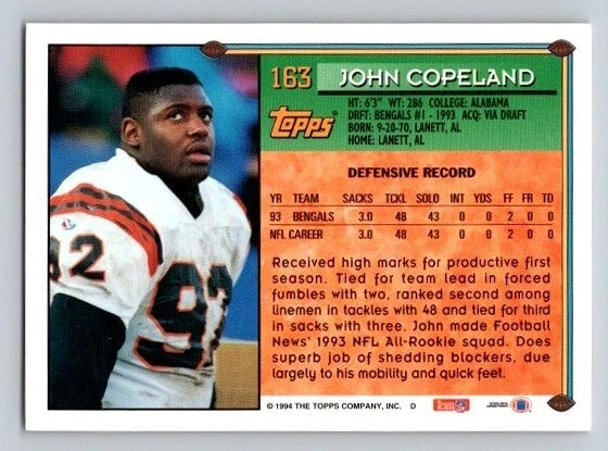 1994 Topps John Copeland #163 Cincinnati Bengals - Image 2 of 2