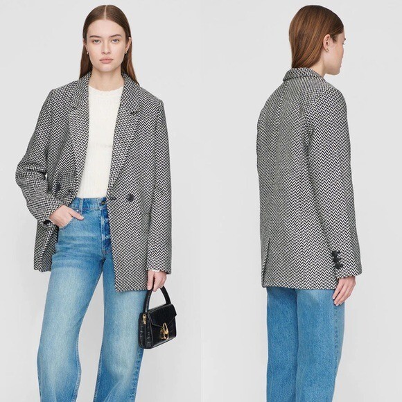 Anine Bing Fishbone Black Off White Herringbone Double Breasted Blazer Size L | eBay