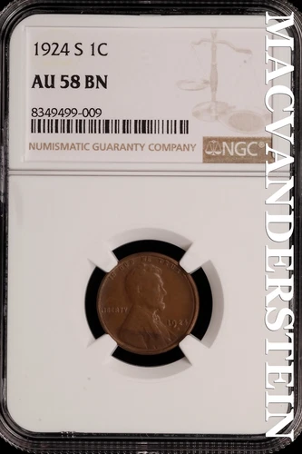 1924-S Lincoln Wheat Cent - NGC AU 58 BN - Scarce  No Reserve  #SLH99