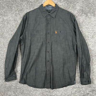 US Polo ASSN Long Sleeve Button Up Shirt Men's L Dark Gray 100% Cotton