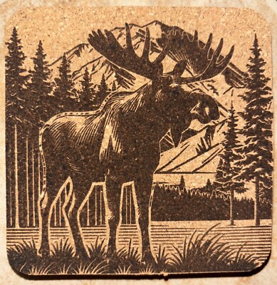 Moose And Mountains Cork Coasters. Laser engraved, 4   Square .
