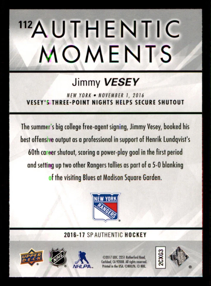 2016-17 SP Authentic #112 Jimmy Vesey AM - Image 2 of 2