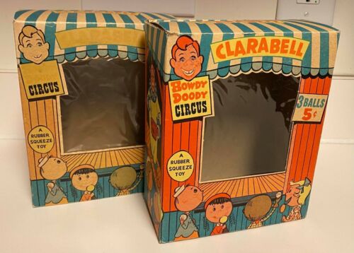 Lot de 2 boîtes à jouets Clarabell Squeeze vintage années 1950 Howdy Doody  - Photo 1 sur 2
