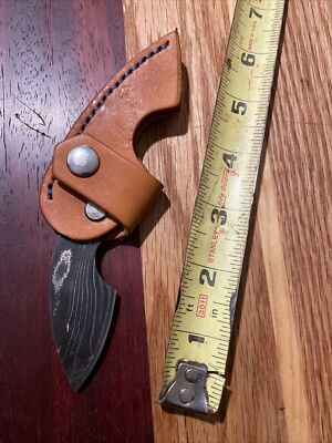 Custom Folding Leather Handle/sheath Damascus Knife Lion Imprint MINT