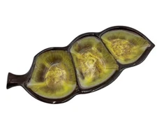 Vtg Divided MCM Glazed Japan Redware Pea Pod Candy Nut Relish Dish Brown Green