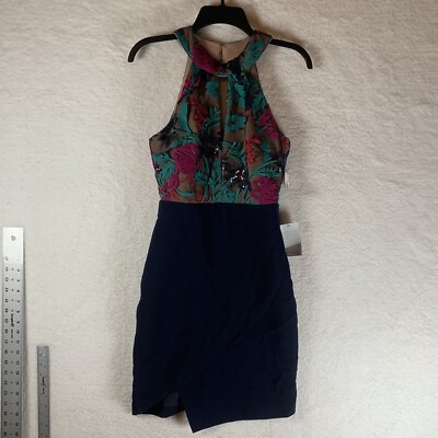 harlyn embroidered cocktail dress Harlyn NWT Women's XS Navy Floral Embroidered Halter Keyhole Neck Cocktail  Dress