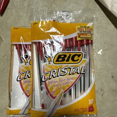 2 Set Bic Cristal Pens Red Ink 10 Pack Medium 1.0 mm Ball Pens New In Package