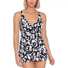 Swim Solutions One Piece Swimsuit Swimdress Tummy Control Floral Black White 10