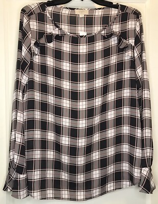 LOFT Outlet Large Pink Gray Plaid Ruffle Long Sleeve Flutter Cuffs Women s Top