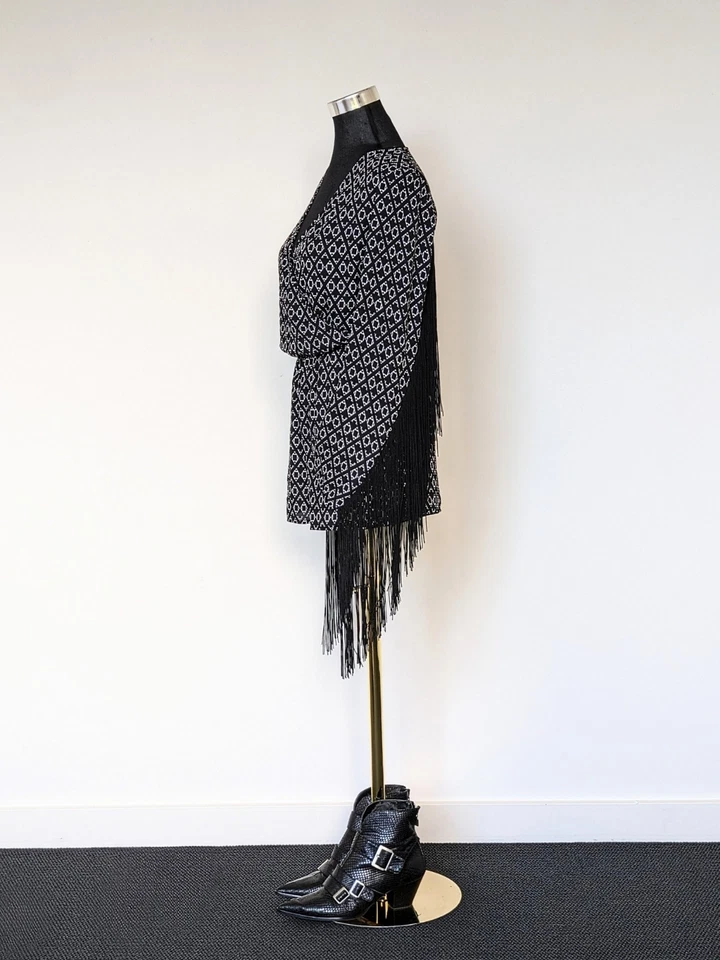 H&M Coachella Negro Satinado Envolvente Mameluco Flecos Manga Larga Primavera Boho Festival XS Foto 4 de 4