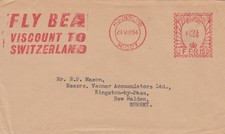 GB 1954 QEII Fly BEA Viscount  Cover Hounslow to New Malden, Meter cancel