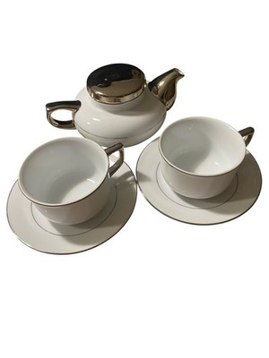 Tea for Two Mlesna Platinum Porcelain Noritake Lanka Teapot, 2 Cups & 2 Saucers