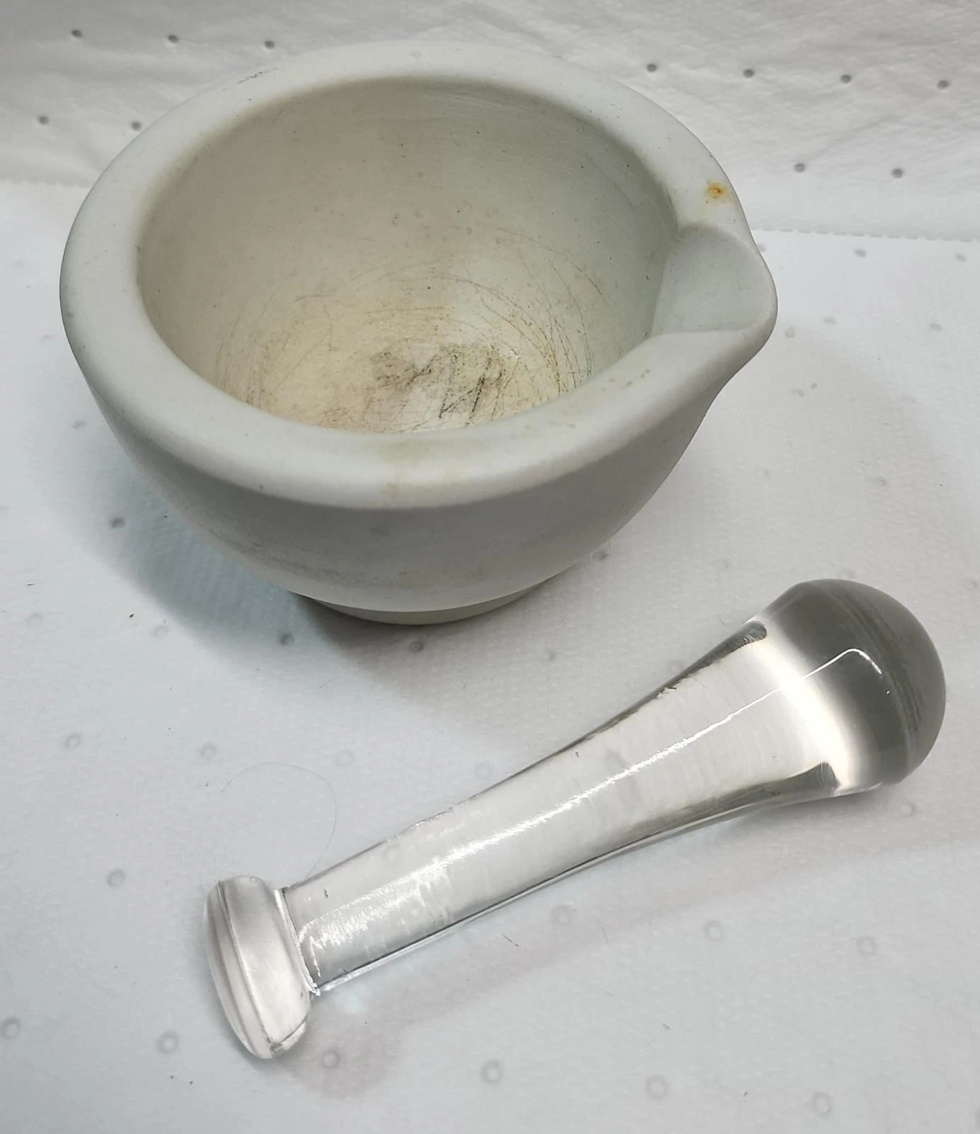 VINTAGE MORTAR AND GLASS PESTLE PHARMACEUTICAL POUR SPOUT WARRANTED TMS CO.