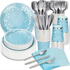 Blue Silver Party Dinnerware Set: Plates, Napkins, Cups for Events