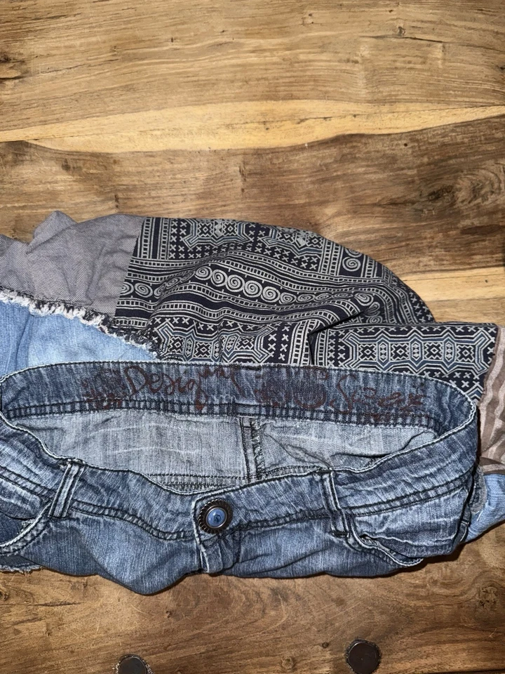Desigual Skirt Womens UK 12 Blue Denim Mini Bubble Y2K Patchwork Boho Festival - Image 3 of 4