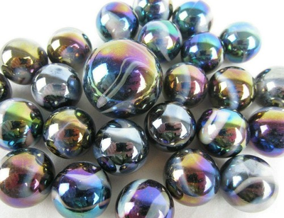#ad 25 Glass Marbles MILKY WAY Purple Gold Oil Slick Metallic Iridescent Shooter new $11.95