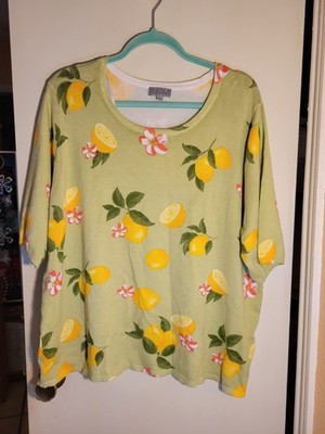 Joseph A Knit Top XL Short Sleeve Green/Yellow Citrus Lemon Stretchy Women