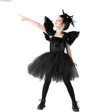 AQ1 Child Black Swan Lake Ballerina Costume For Baby Girls Gothic Witch Outfit