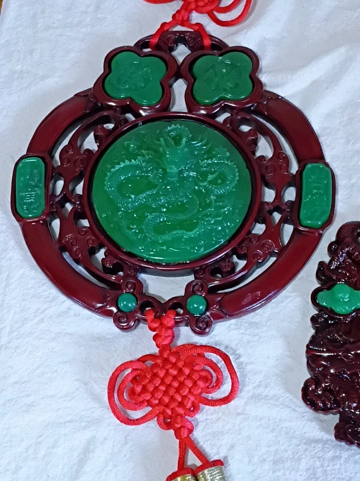 Pair Vintage Chinese Culture Faux Jade Wall Hangings Good Luck Charm B29 - Image 2 of 4