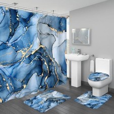 4PCS Gold Marble Shower Curtain Sets with Rugs, Abstract Bathroom Sets Blue