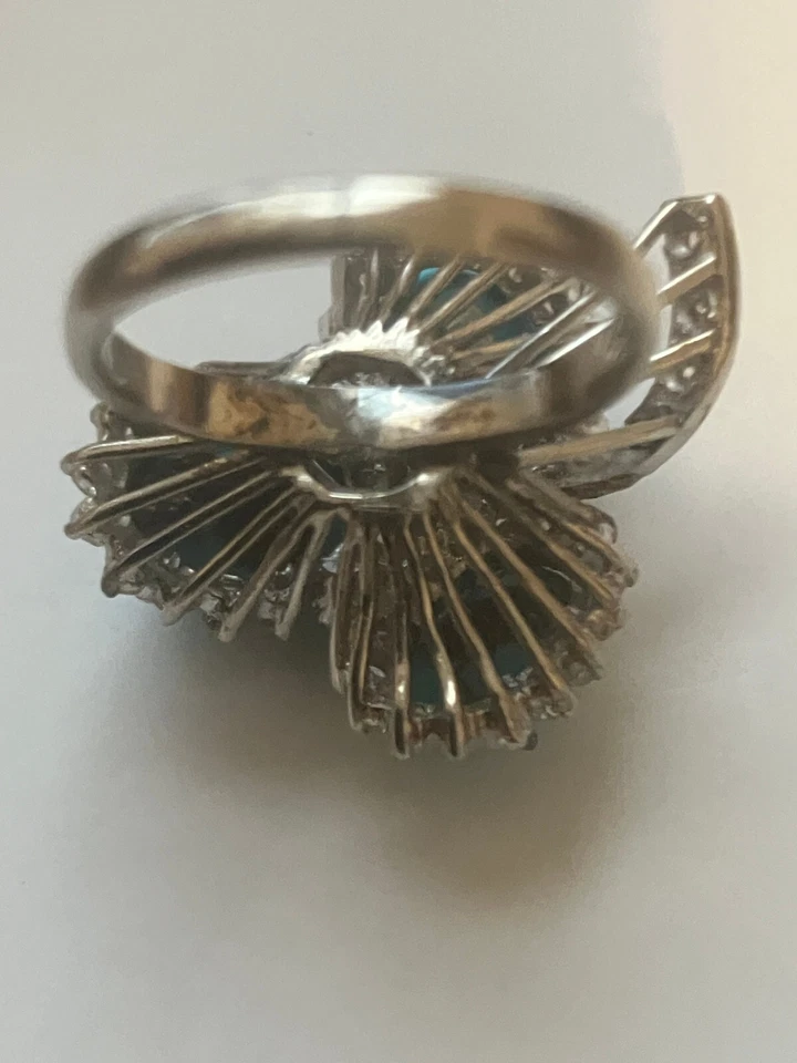 IMPRESIONANTE Anillo Vintage Talla 5 Turquesa Persa y Diamantes Tres Hojas Oro Blanco 14K Foto 3 de 4