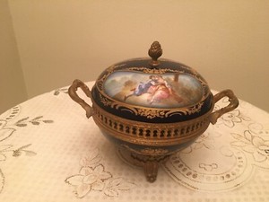 Antique Sevres Chateau De Longpre Bonbonniere Porcelain Bronze Ormolu Bowl