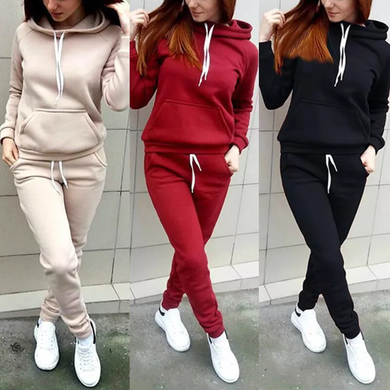 2Pcs Women Casual Tracksuit Hoodie Sweatshirt Tops Pants Set Sports Sweat  Suit