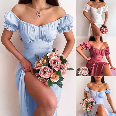 Women's Puff Sleeve Split Maxi Dress V Neck Collar Ruffle Boho Dresses