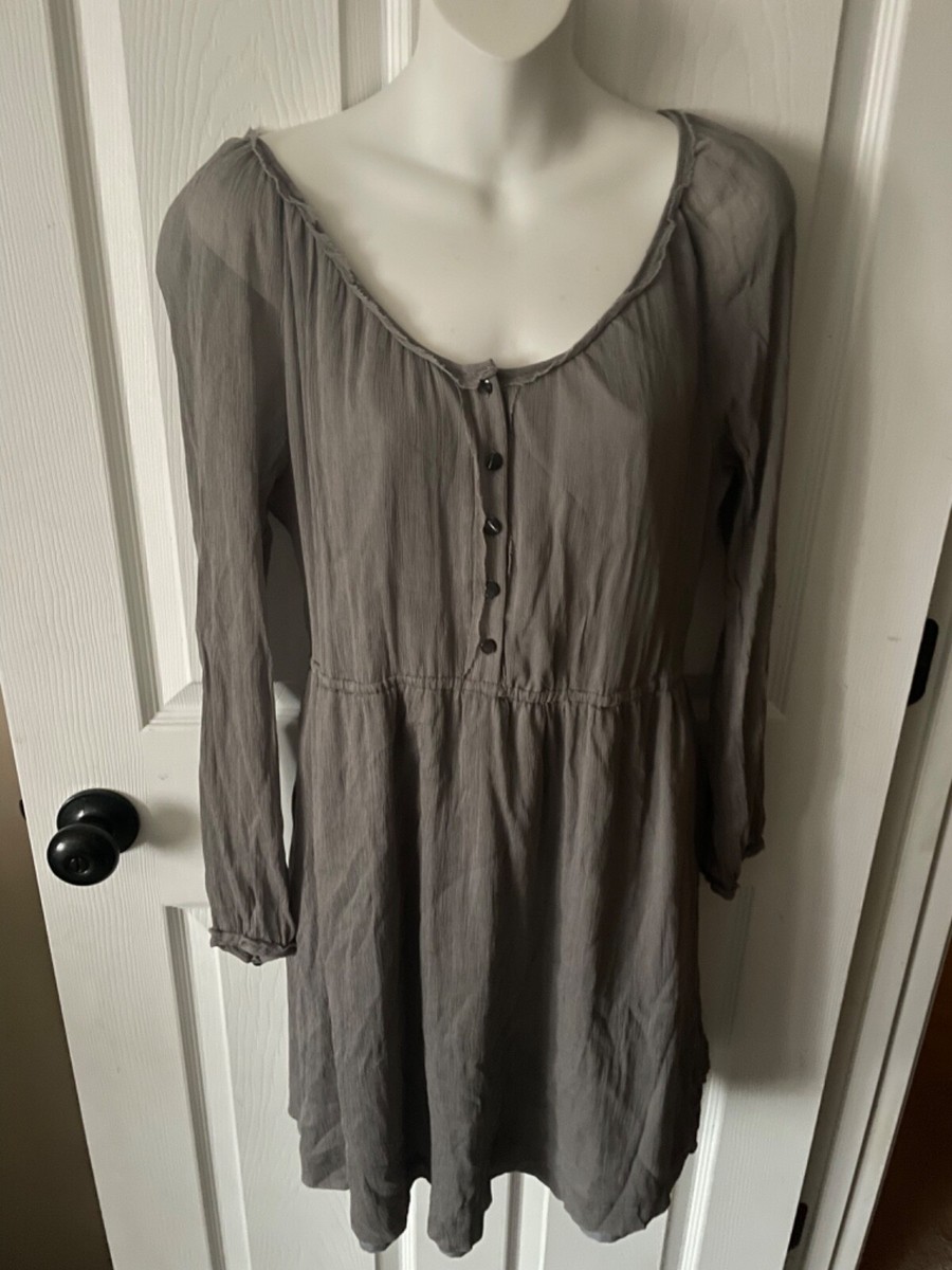 J Crew Women's 100% Silk Chiffon Grey Long Sleeve Dress Size