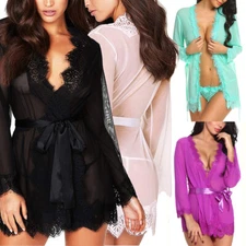 Womens Lace Kimono Robe Babydoll Sexy Lingerie Mesh Nightgown G-String Set