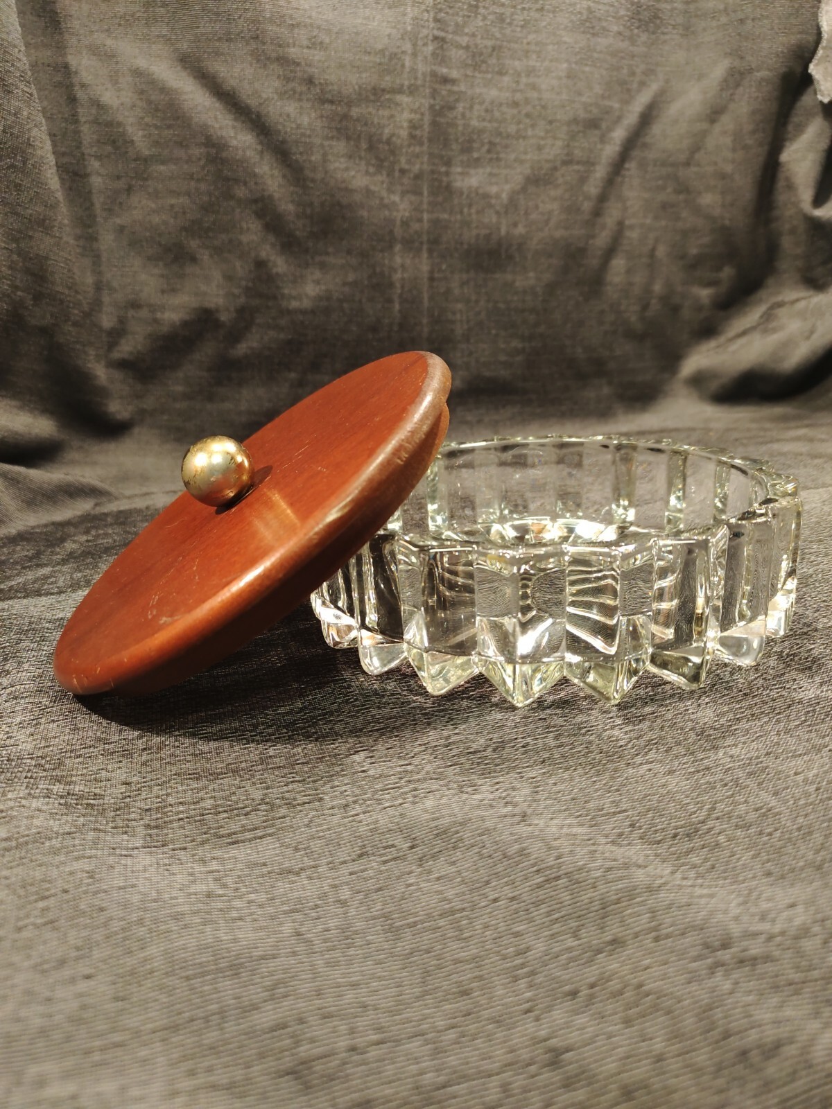 MCM Candy Dish Large Lead Crystal Heavy Wood Lid Brass Knob Stunning Centerpiece