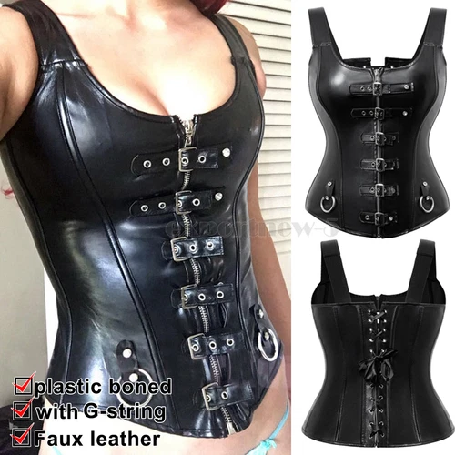 Sexy Gothic Bustier Corset Lace Up Women Boned Top Steampunk Basque Faux Leather - Picture 1 of 55