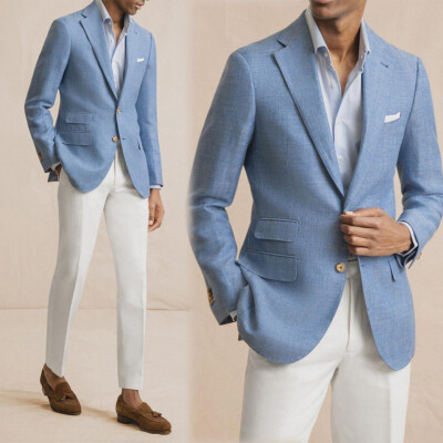 2 Piece Blue Single Breasted 2-Button Suit Classic Fit Blazer with White Pants