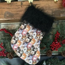 CUTE HOMEMADE KITTY CAT PRINT CHRISTMAS STOCKING BLACK FAUX FUR KITTENS BROWNS