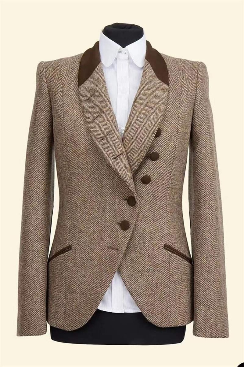Brown Women's Shawl Collar Suit Herringbone Tweed Blend Jacket