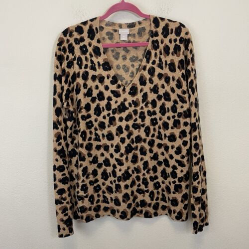 Chico’s Cashmere Classic Animal-Print V-Neck Sweater Size XL