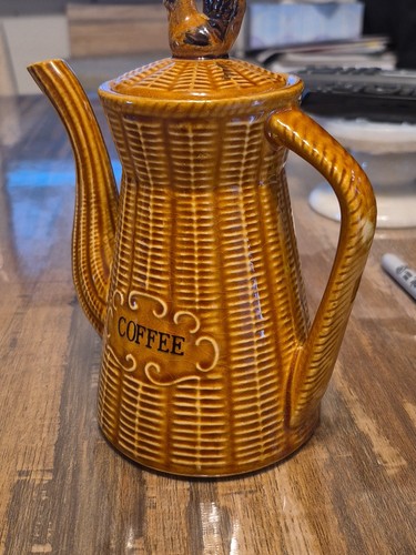 Vtg. Japanese Ceramic Basketweave Rooster Theme Coffee Pot - Picture 12 of 16