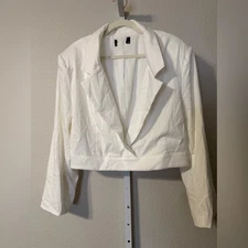 White Cropped Blazer Jacket Womens Long Sleeve Lapel Collar Elegant Chic