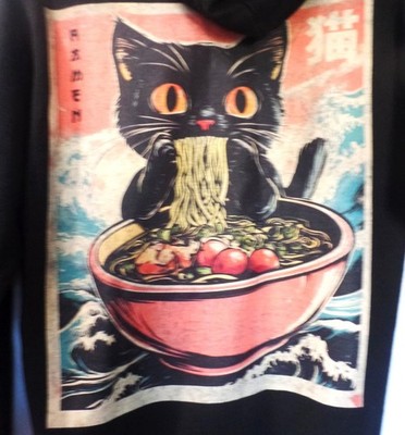 Med Noodle Cat Zip Hoodie Kawaii Ramen Bowl  Vintage Japanese Style Back Design