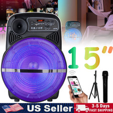 15" Portable Party Bluetooth Speaker Heavy Bass Sound LED Lights FM w/Mic Stand