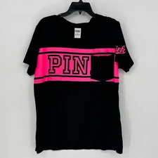 PINK Victoria's Secret Black Neon Pink Graphic Pocket T-Shirt Size Large
