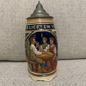 Vintage Music Box Hand Painted German Beer Stein and Lid. Very Rare.