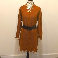 Full Circle Trends Women 2X NWT Cable Knit Sweater Dress Ripped-Edge Belt Boxy