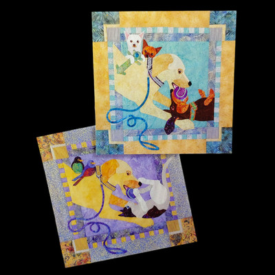 Dogs & Cats Playing Applique Quilt Pattern - 28'' Lab Chihuahua Dachshund Birds